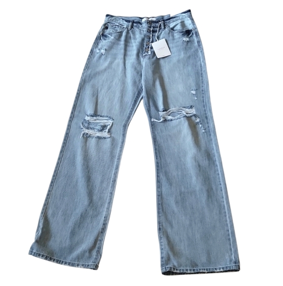 KanCan Jeans Ultra high rise 90S FLARE Light Wash Distressed Button Fly Wide Leg - Picture 2 of 16